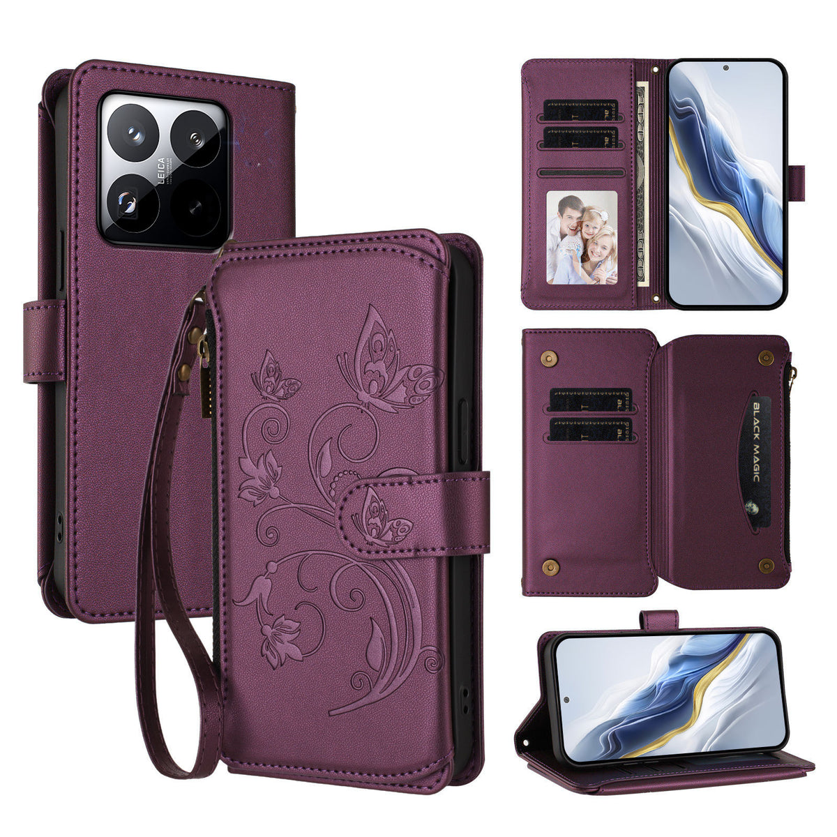 For Xiaomi 15T Leather Case Butterfly Floral Imprint Zipper Wallet Stand Cover with Wrist Strap