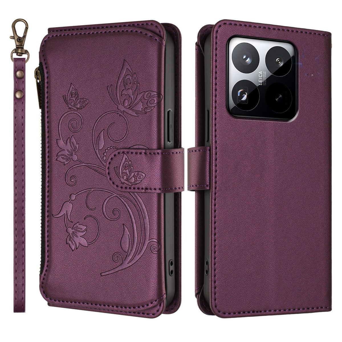 For Xiaomi 15T Leather Case Butterfly Floral Imprint Zipper Wallet Stand Cover with Wrist Strap