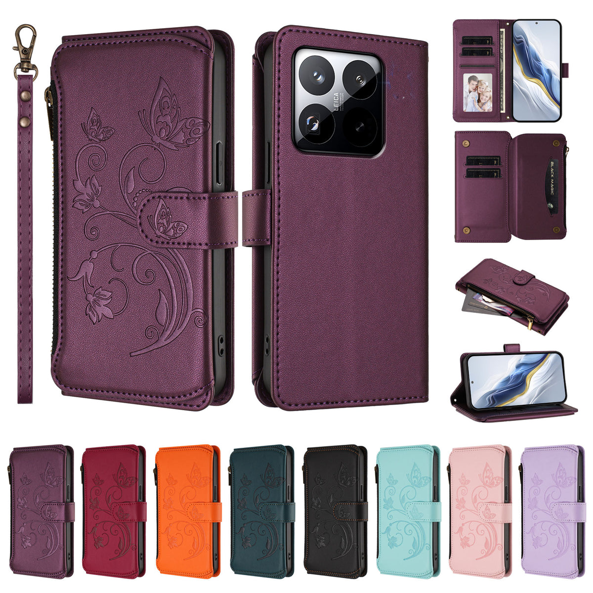 For Xiaomi 15T Leather Case Butterfly Floral Imprint Zipper Wallet Stand Cover with Wrist Strap