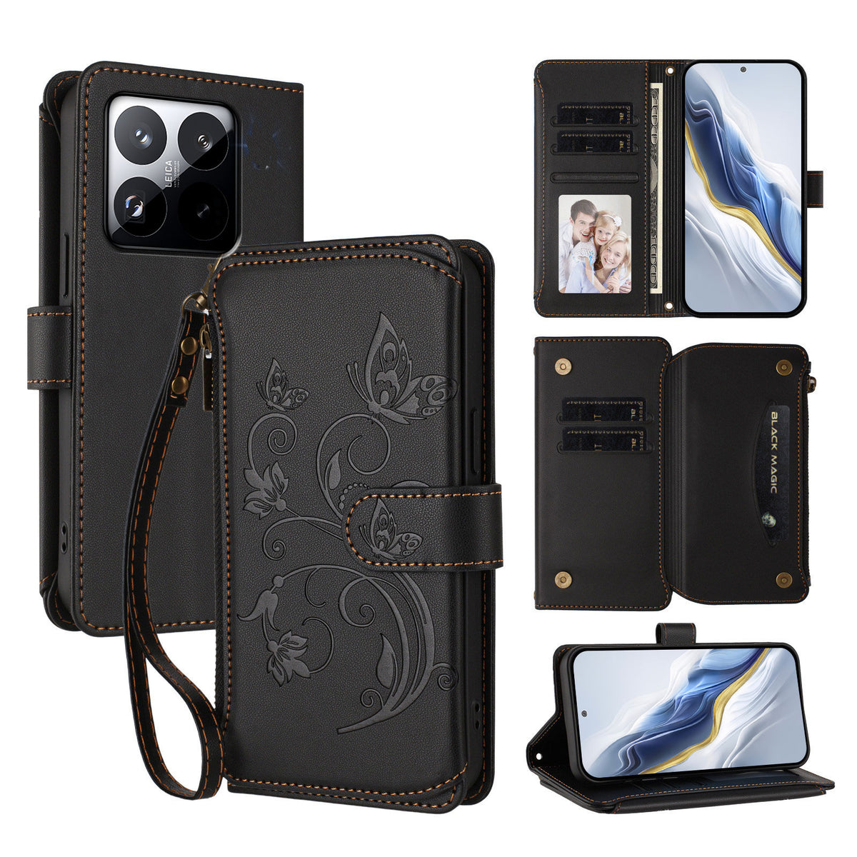 For Xiaomi 15T Leather Case Butterfly Floral Imprint Zipper Wallet Stand Cover with Wrist Strap