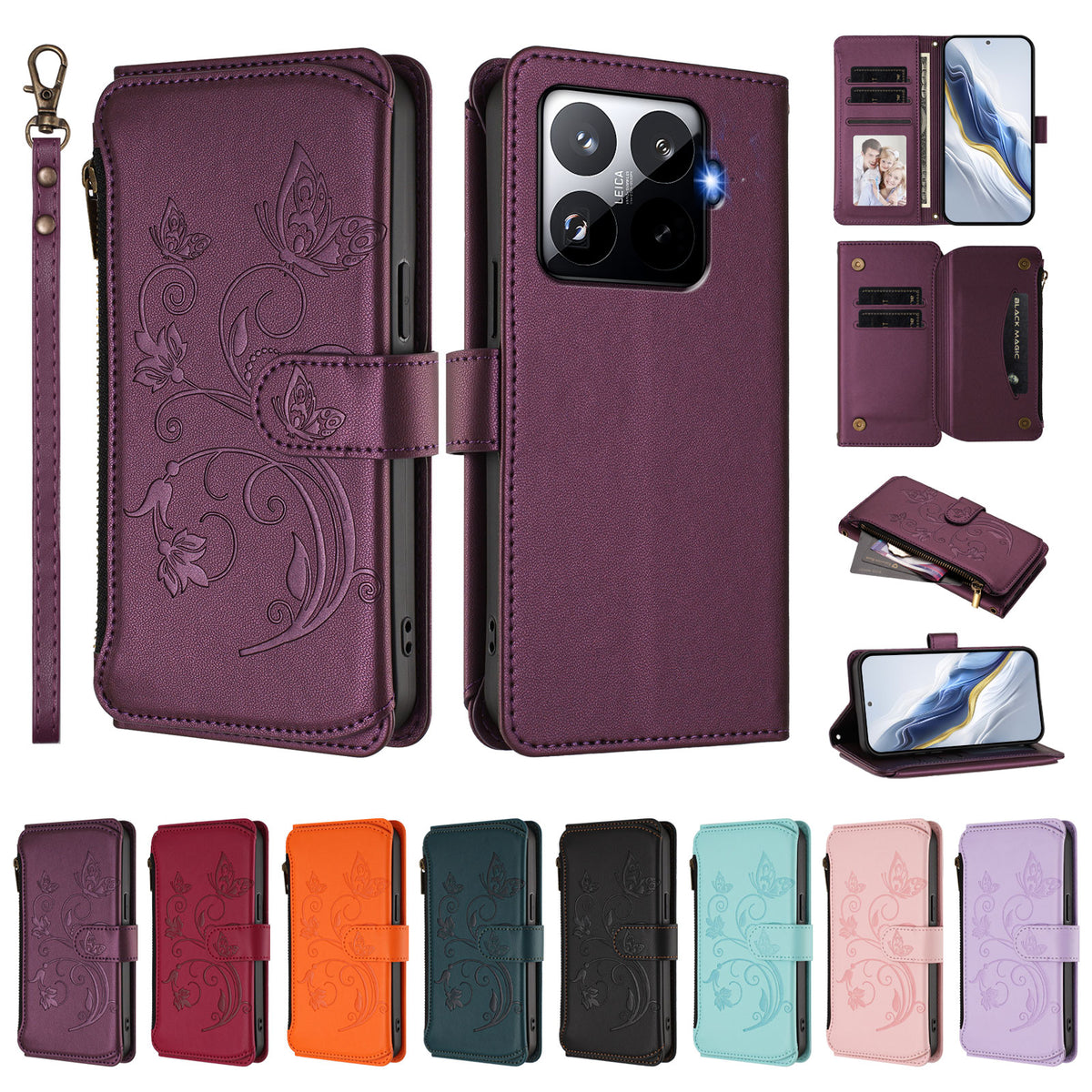 For Xiaomi 15T Pro Leather Case Butterfly Floral Imprint Zipper Wallet Stand Cover with Wrist Strap