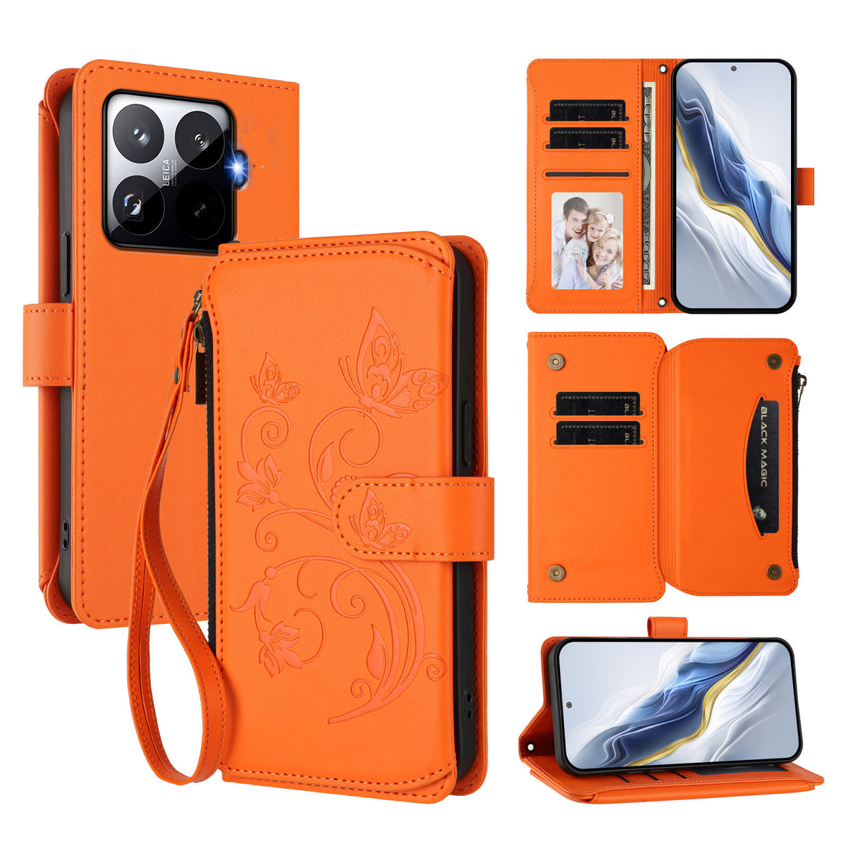 For Xiaomi 15T Pro Leather Case Butterfly Floral Imprint Zipper Wallet Stand Cover with Wrist Strap