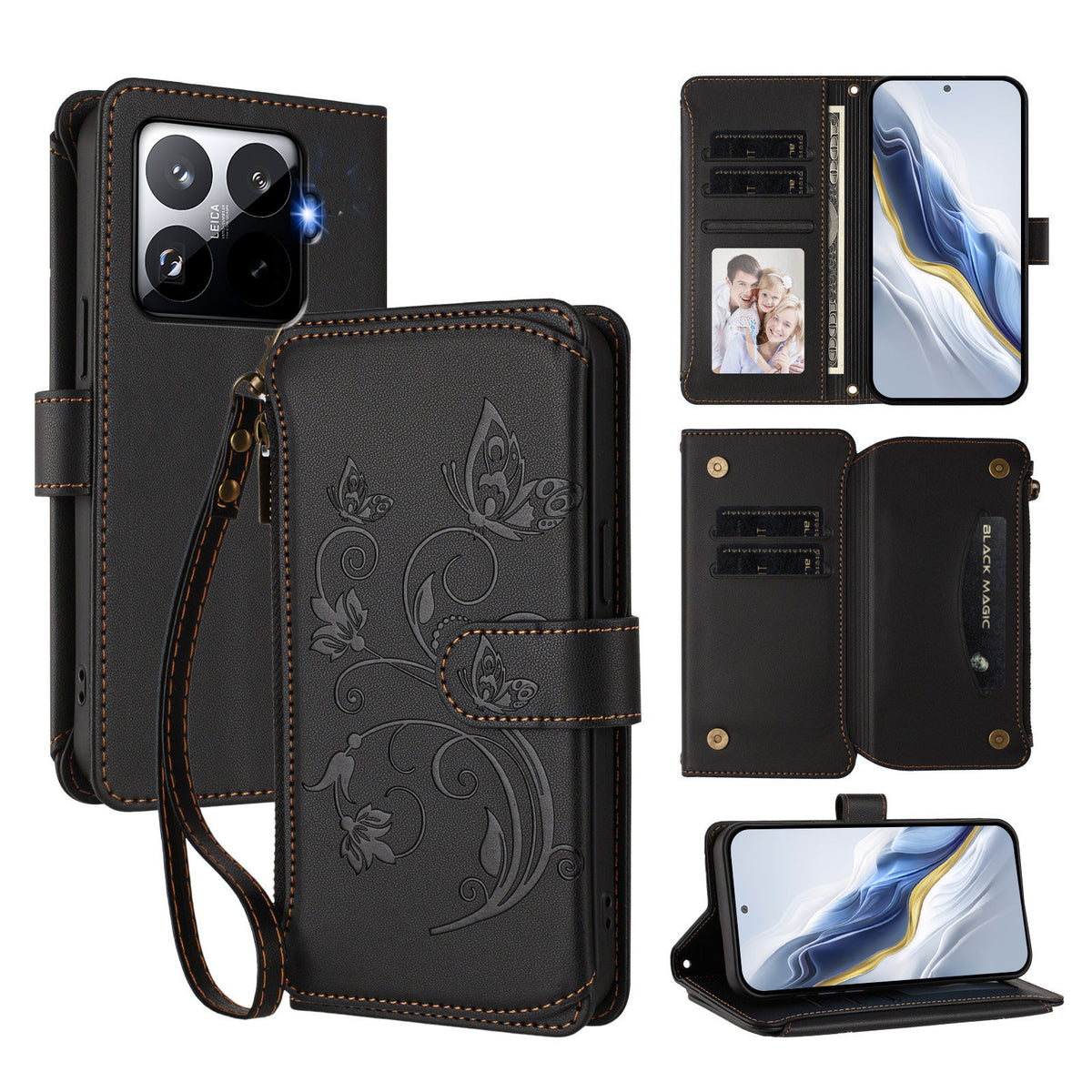 For Xiaomi 15T Pro Leather Case Butterfly Floral Imprint Zipper Wallet Stand Cover with Wrist Strap