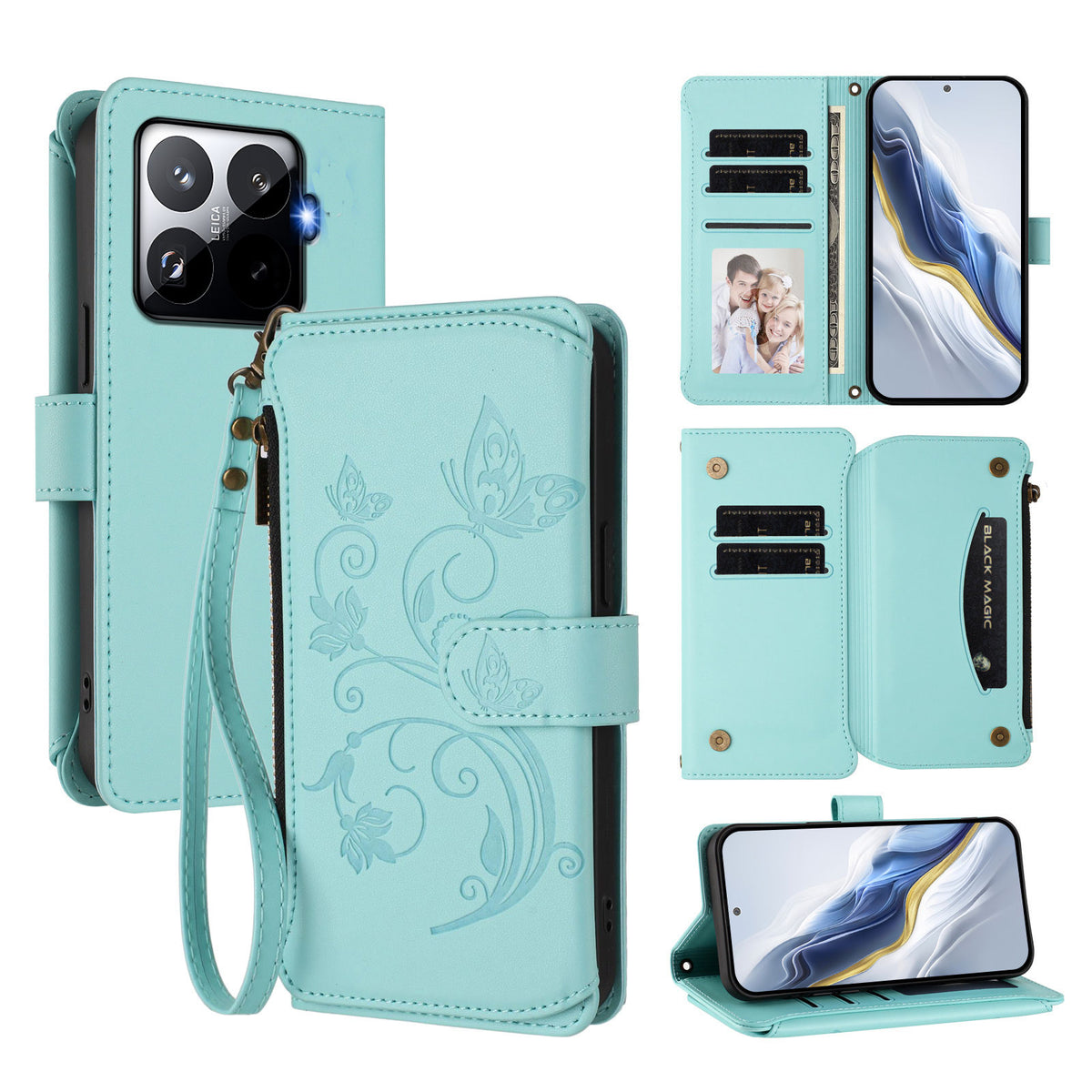 For Xiaomi 15T Pro Leather Case Butterfly Floral Imprint Zipper Wallet Stand Cover with Wrist Strap