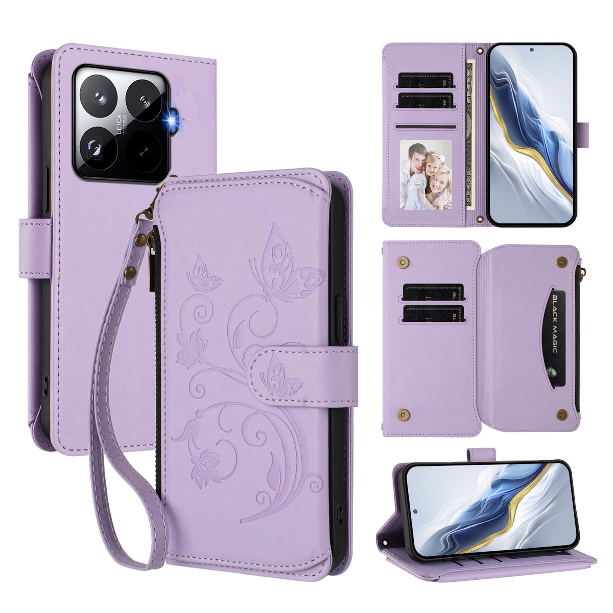 For Xiaomi 15T Pro Leather Case Butterfly Floral Imprint Zipper Wallet Stand Cover with Wrist Strap