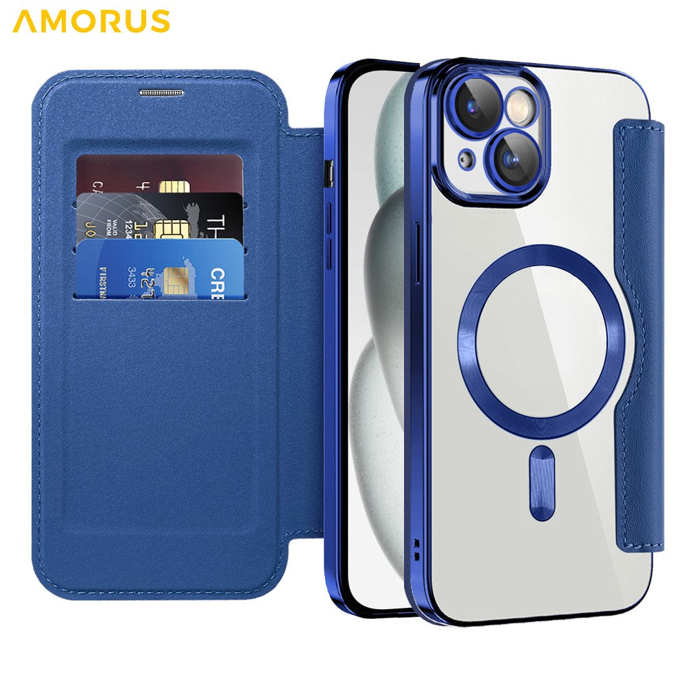 AMORUS For iPhone 13 Case Compatible with MagSafe RFID Blocking Card Holder Leather Phone Cover