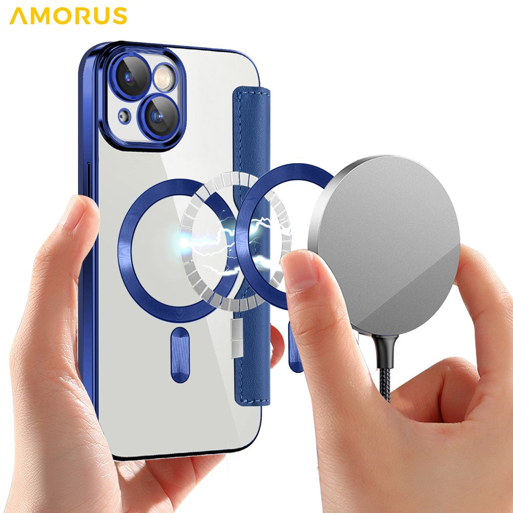 AMORUS For iPhone 13 Case Compatible with MagSafe RFID Blocking Card Holder Leather Phone Cover