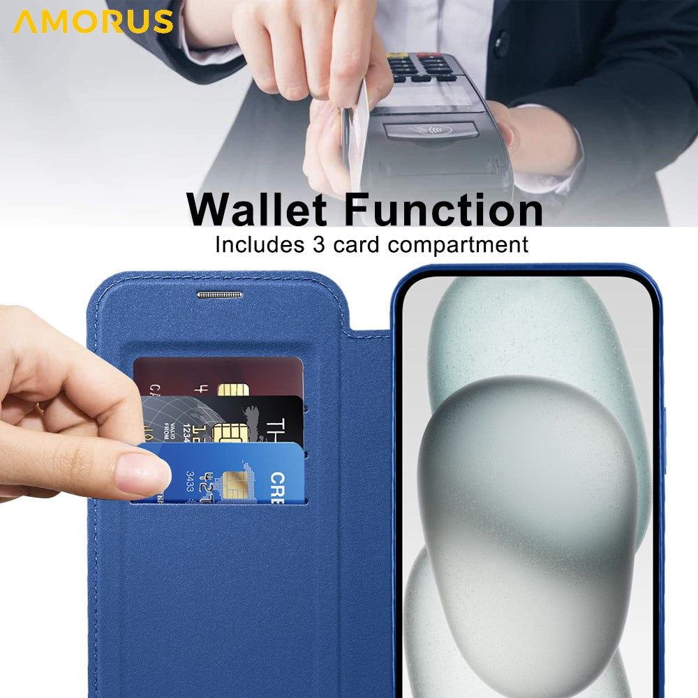 AMORUS For iPhone 13 Case Compatible with MagSafe RFID Blocking Card Holder Leather Phone Cover