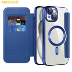 AMORUS For iPhone 14 Case Compatible with MagSafe RFID Blocking Card Holder Leather Phone Cover