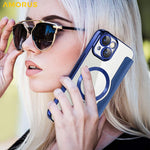 AMORUS For iPhone 14 Case Compatible with MagSafe RFID Blocking Card Holder Leather Phone Cover