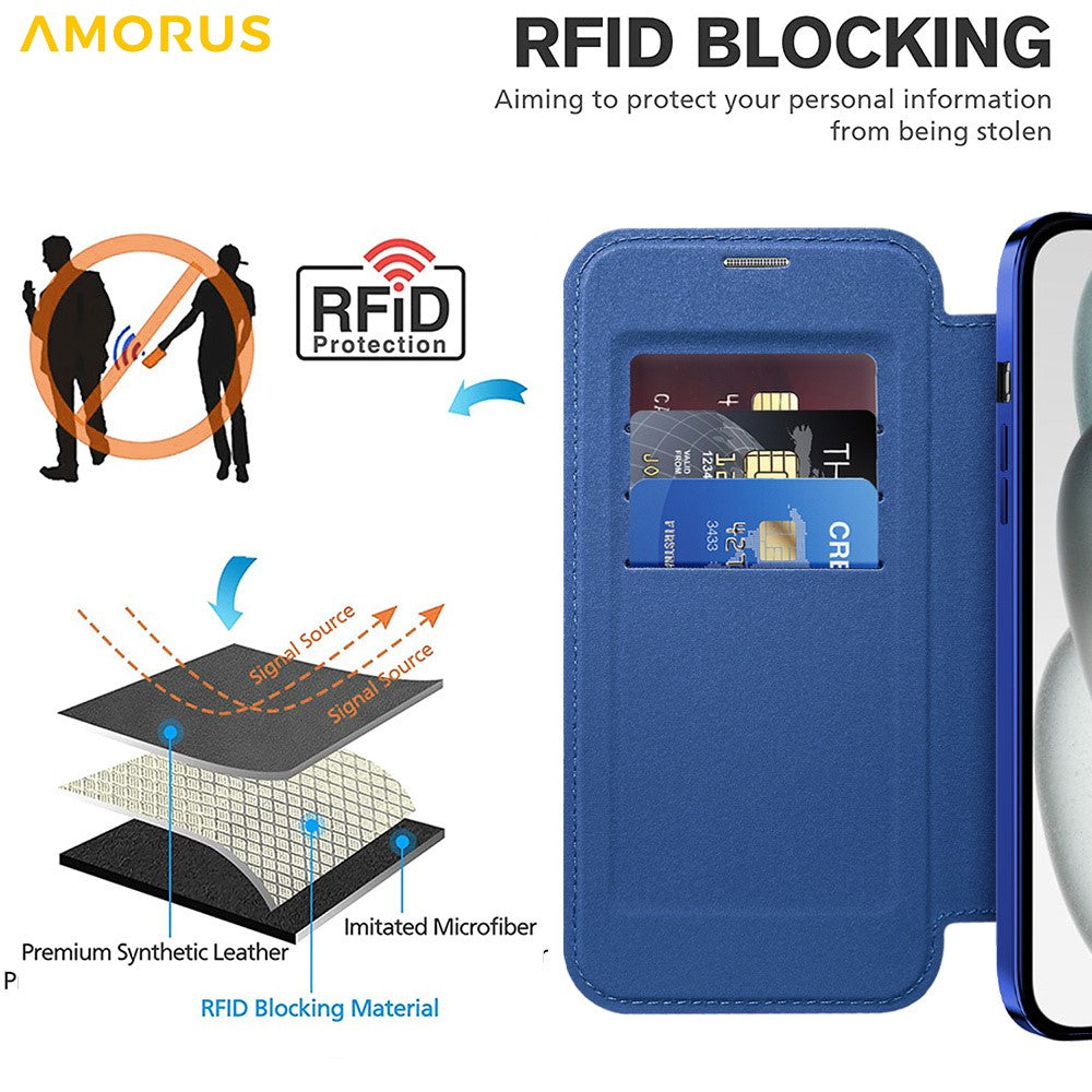 AMORUS For iPhone 15 Case Compatible with MagSafe RFID Blocking Card Holder Leather Phone Cover