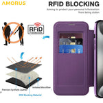 AMORUS For iPhone 15 Pro Max Case Compatible with MagSafe RFID Blocking Card Holder Leather Phone Cover