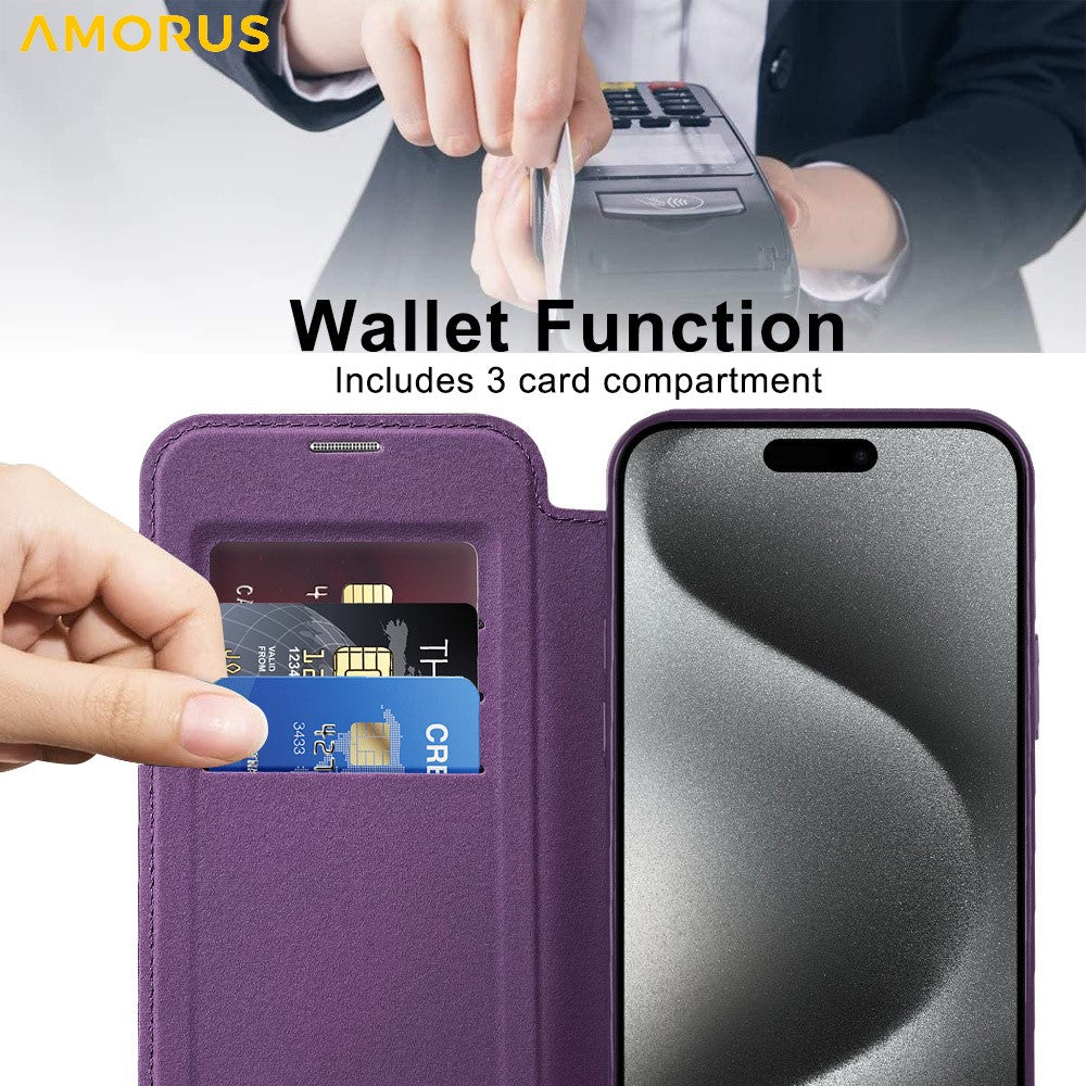 AMORUS For iPhone 15 Pro Max Case Compatible with MagSafe RFID Blocking Card Holder Leather Phone Cover
