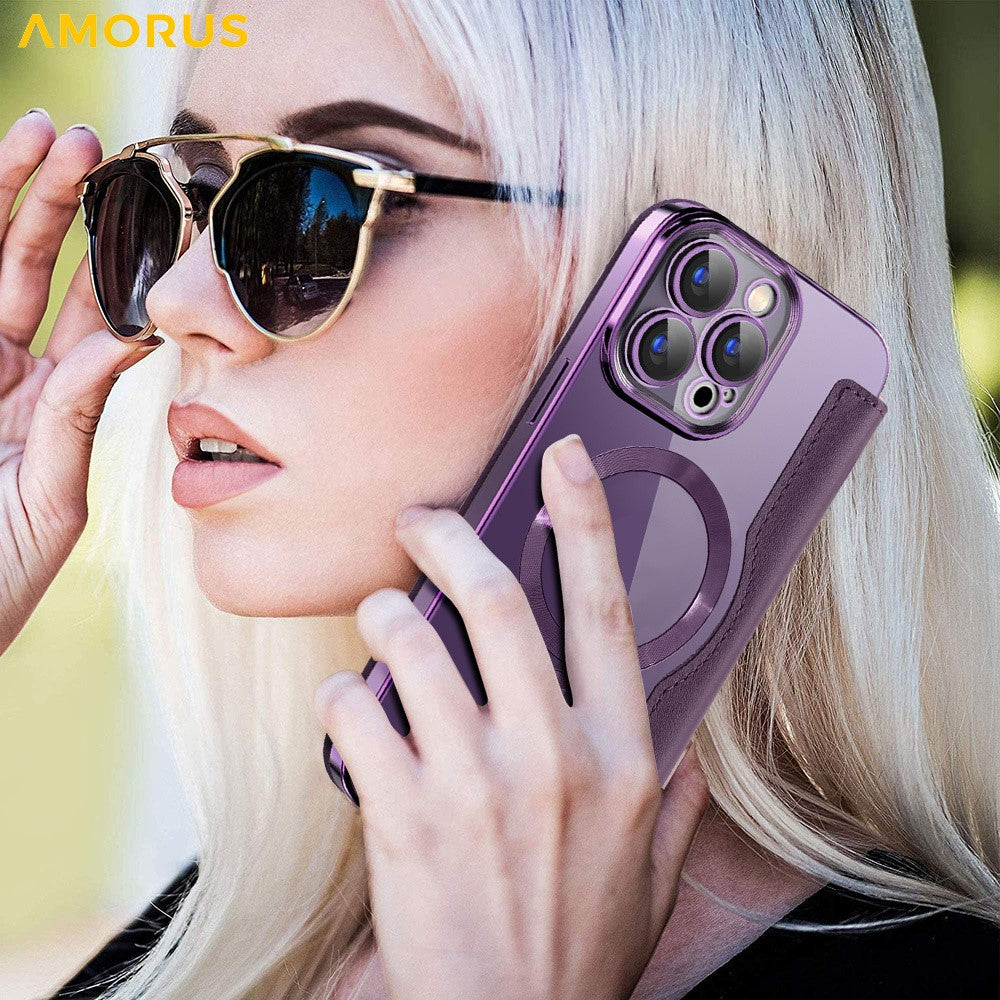 AMORUS For iPhone 15 Pro Max Case Compatible with MagSafe RFID Blocking Card Holder Leather Phone Cover