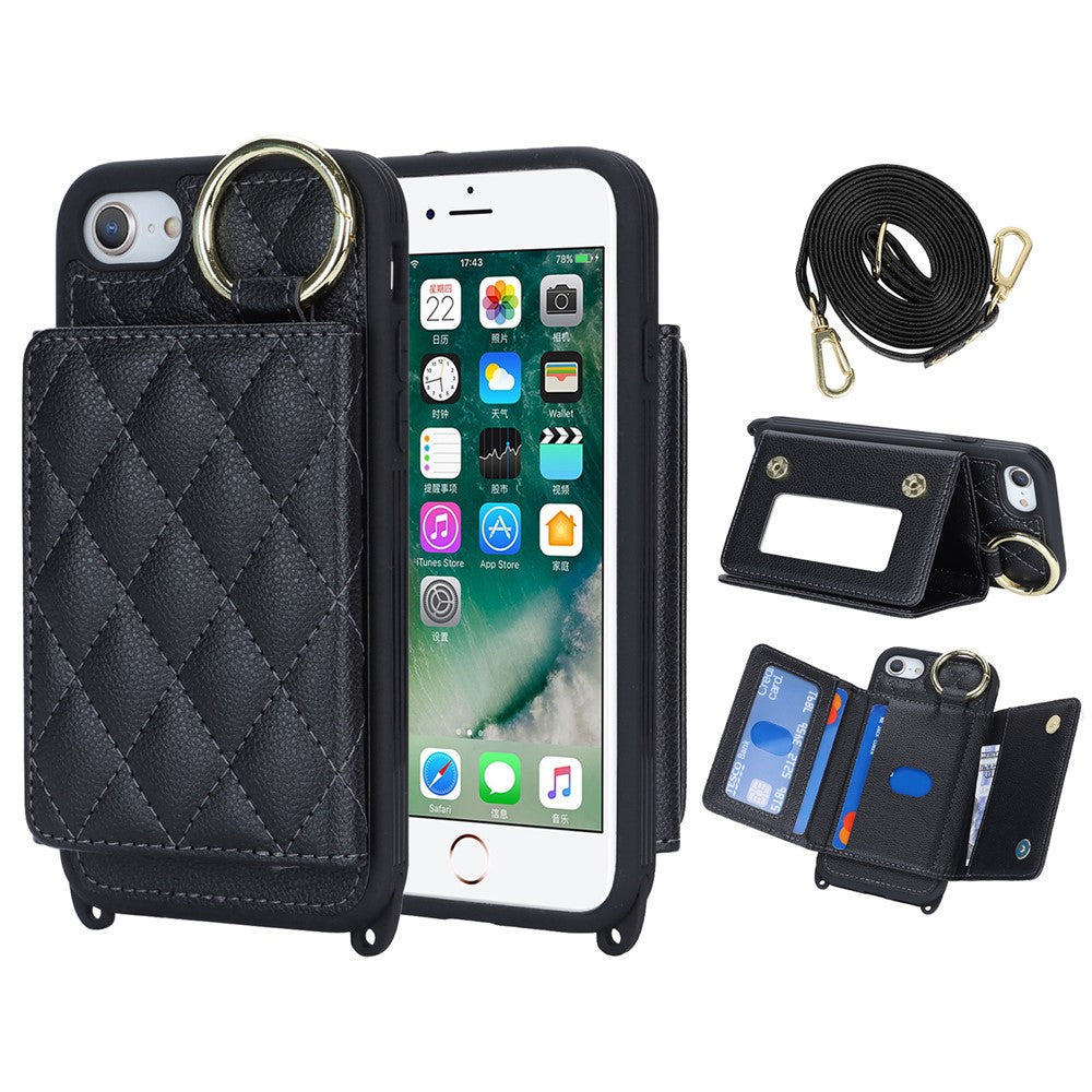 For iPhone SE (2022) / (2020) / 8 / 7 Case with Lanyard / Mirror / Card Holder Grid Pattern RFID Blocking Phone Cover