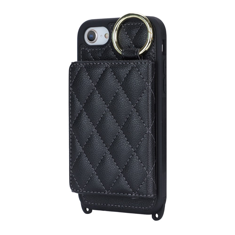 For iPhone SE (2022) / (2020) / 8 / 7 Case with Lanyard / Mirror / Card Holder Grid Pattern RFID Blocking Phone Cover