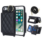 For iPhone SE (2022) / (2020) / 8 / 7 Case with Lanyard / Mirror / Card Holder Grid Pattern RFID Blocking Phone Cover