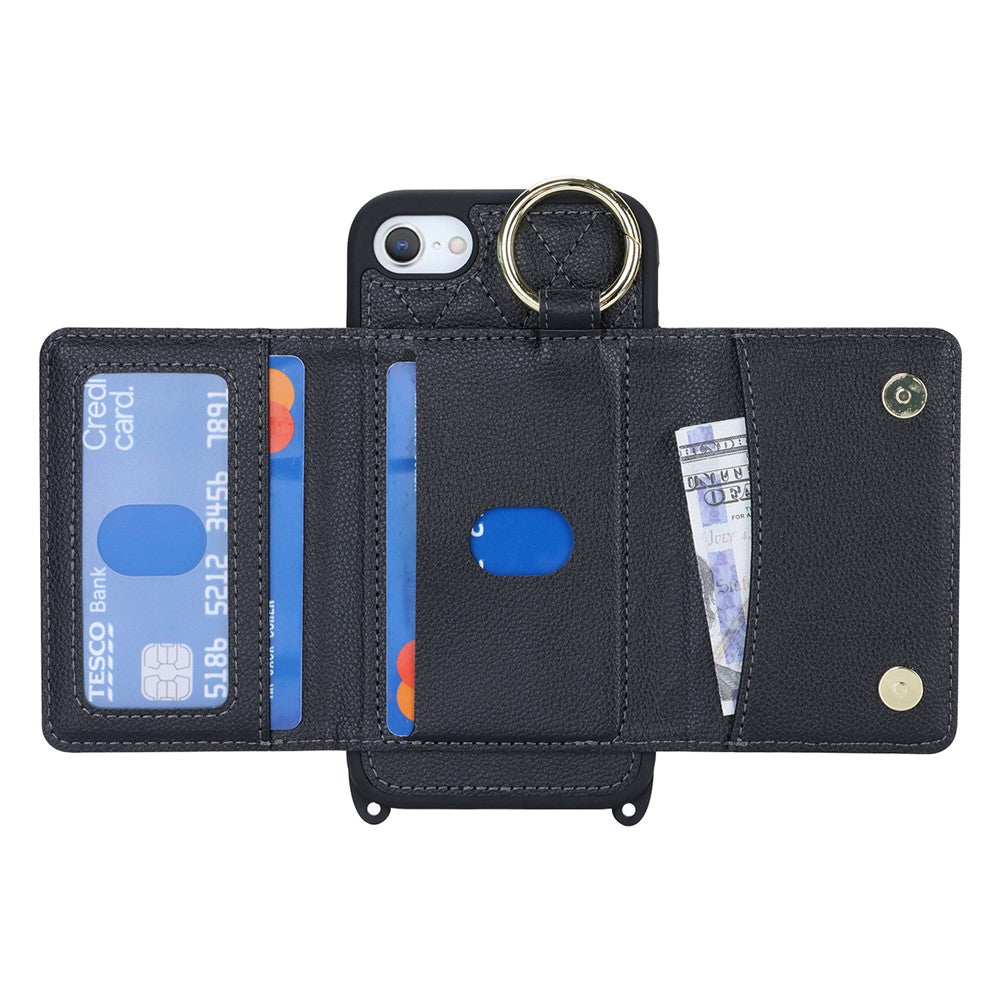 For iPhone SE (2022) / (2020) / 8 / 7 Case with Lanyard / Mirror / Card Holder Grid Pattern RFID Blocking Phone Cover