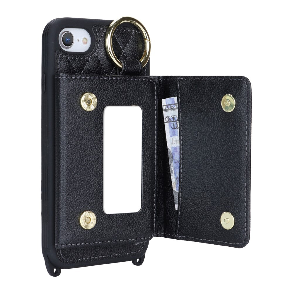 For iPhone SE (2022) / (2020) / 8 / 7 Case with Lanyard / Mirror / Card Holder Grid Pattern RFID Blocking Phone Cover