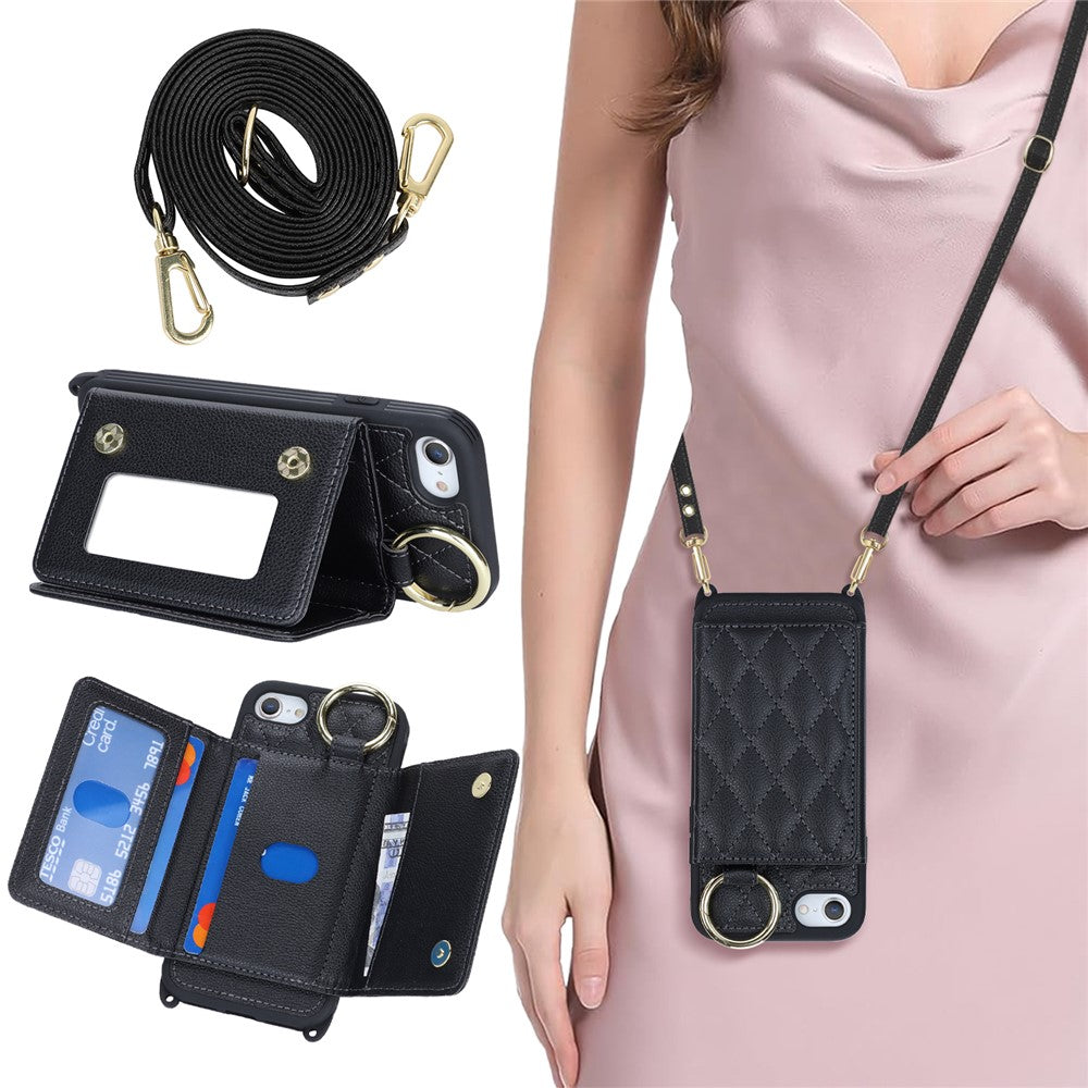 For iPhone SE (2022) / (2020) / 8 / 7 Case with Lanyard / Mirror / Card Holder Grid Pattern RFID Blocking Phone Cover