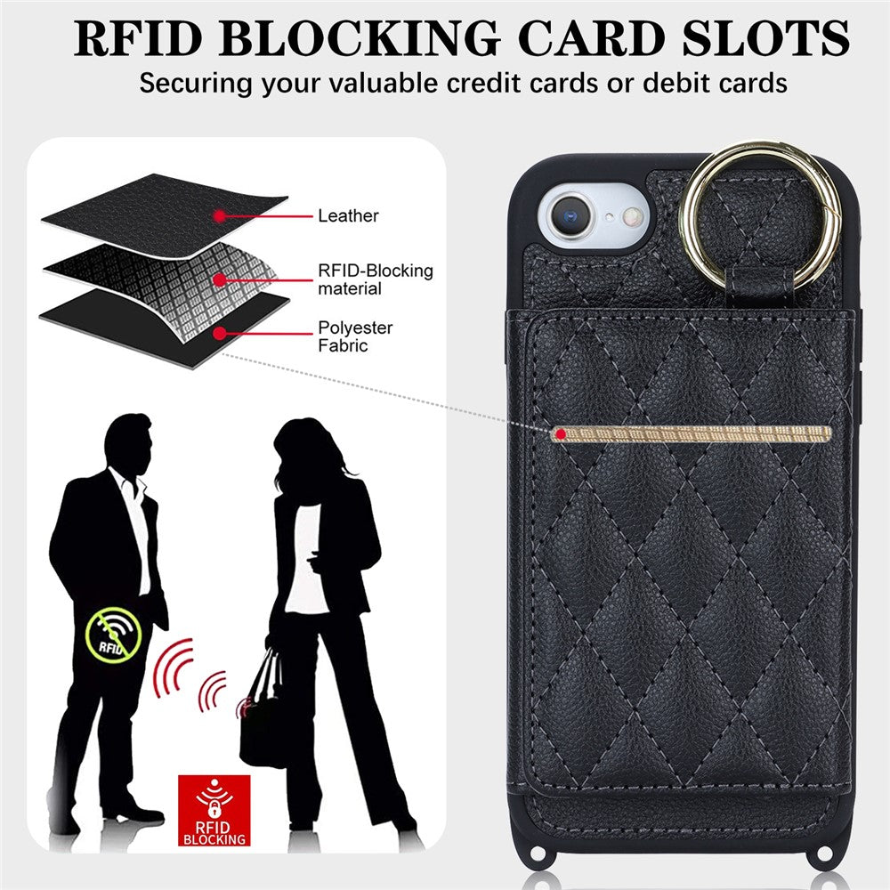 For iPhone SE (2022) / (2020) / 8 / 7 Case with Lanyard / Mirror / Card Holder Grid Pattern RFID Blocking Phone Cover