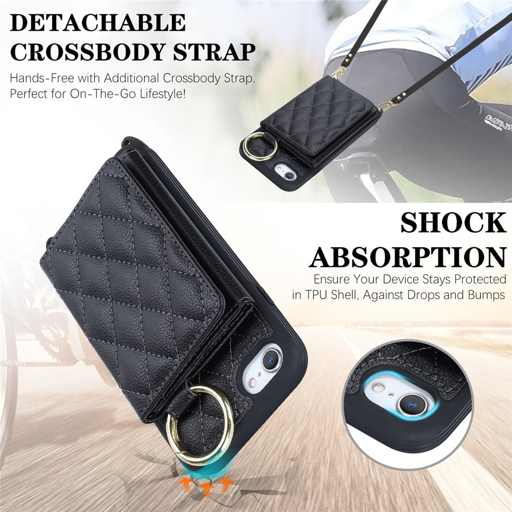 For iPhone SE (2022) / (2020) / 8 / 7 Case with Lanyard / Mirror / Card Holder Grid Pattern RFID Blocking Phone Cover