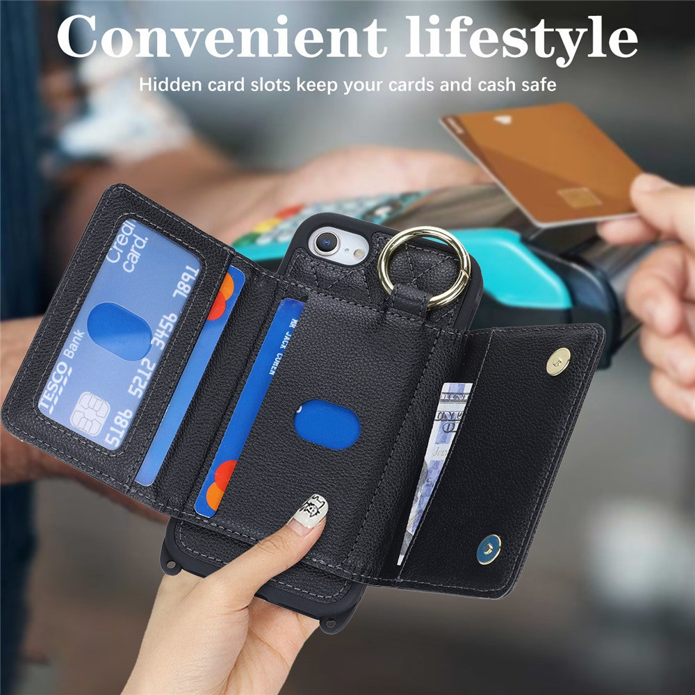 For iPhone SE (2022) / (2020) / 8 / 7 Case with Lanyard / Mirror / Card Holder Grid Pattern RFID Blocking Phone Cover