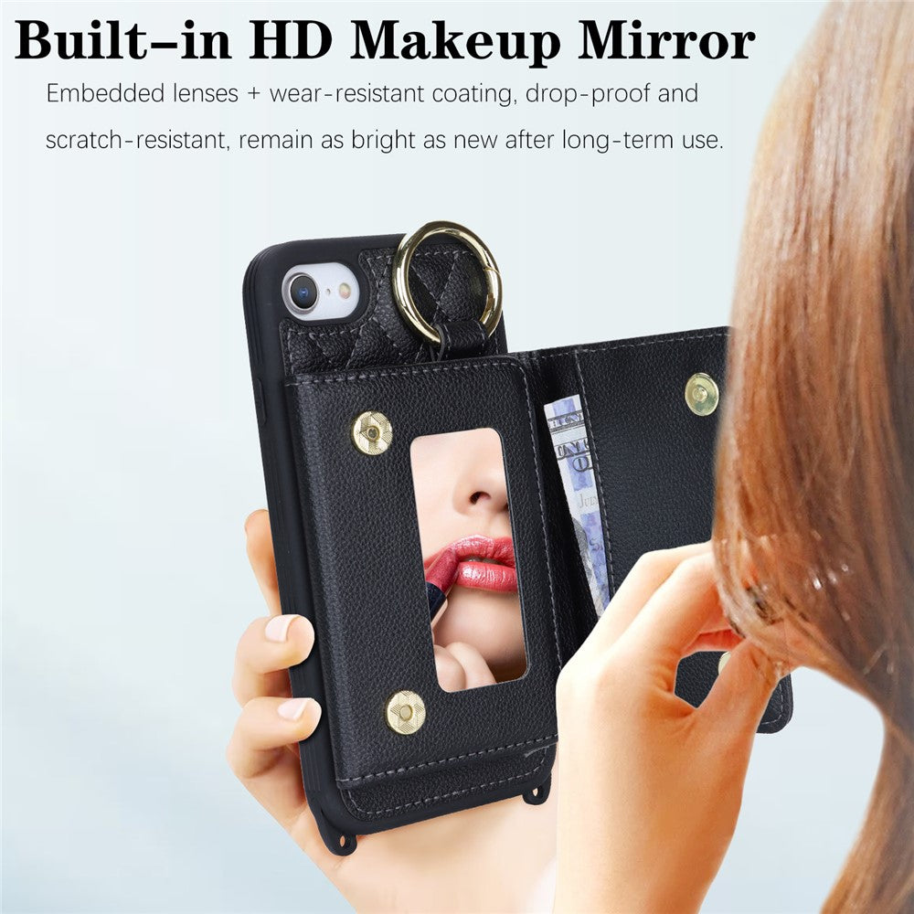 For iPhone SE (2022) / (2020) / 8 / 7 Case with Lanyard / Mirror / Card Holder Grid Pattern RFID Blocking Phone Cover
