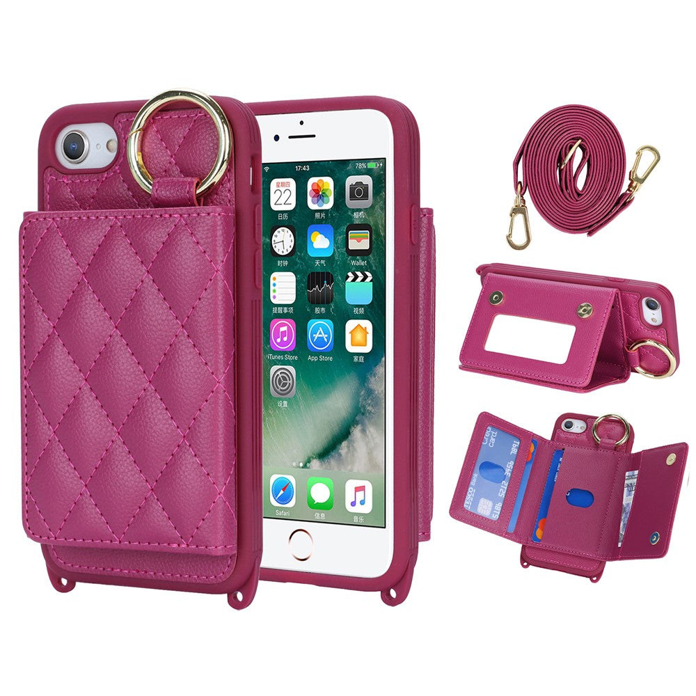 For iPhone SE (2022) / (2020) / 8 / 7 Case with Lanyard / Mirror / Card Holder Grid Pattern RFID Blocking Phone Cover