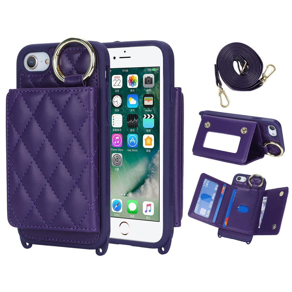 For iPhone SE (2022) / (2020) / 8 / 7 Case with Lanyard / Mirror / Card Holder Grid Pattern RFID Blocking Phone Cover