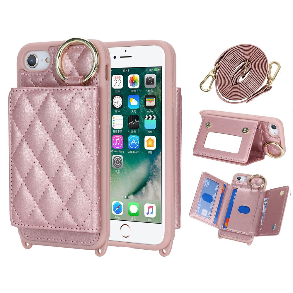 For iPhone SE (2022) / (2020) / 8 / 7 Case with Lanyard / Mirror / Card Holder Grid Pattern RFID Blocking Phone Cover