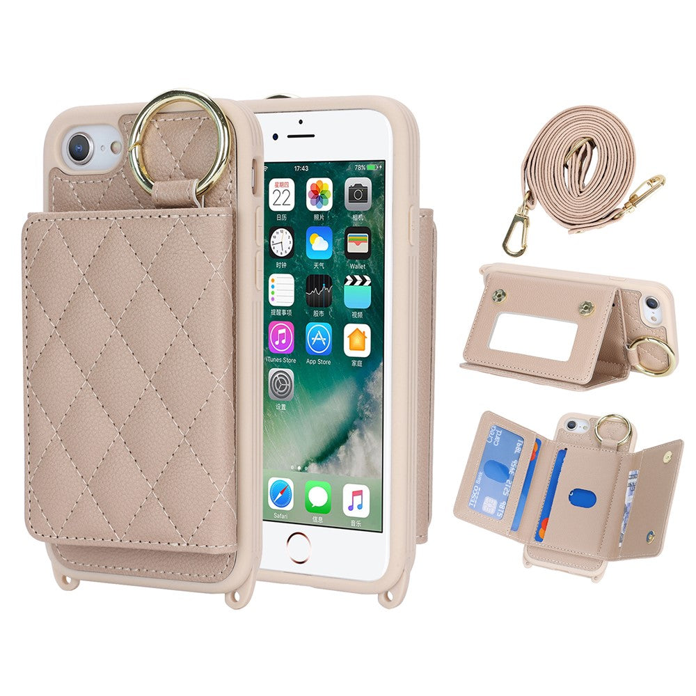 For iPhone SE (2022) / (2020) / 8 / 7 Case with Lanyard / Mirror / Card Holder Grid Pattern RFID Blocking Phone Cover