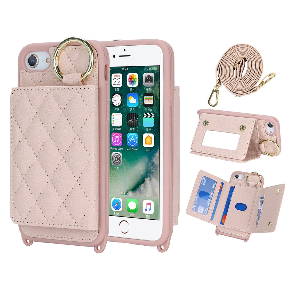 For iPhone SE (2022) / (2020) / 8 / 7 Case with Lanyard / Mirror / Card Holder Grid Pattern RFID Blocking Phone Cover