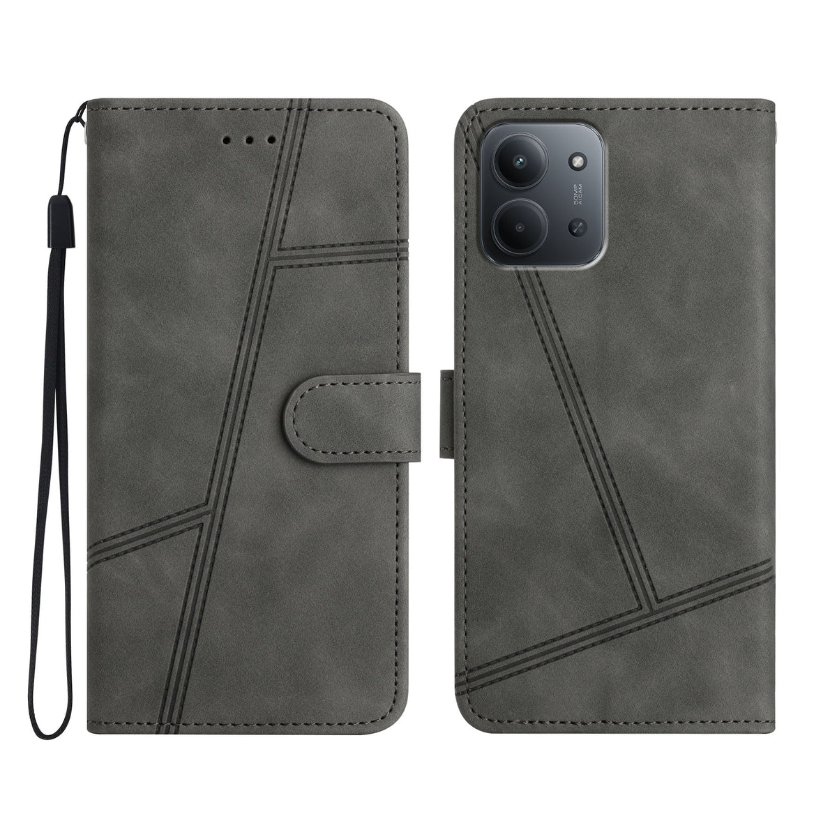 For Xiaomi Redmi 15C 4G (Global) (171mm) Case Lines Imprinted Flip Leather Retro Phone Cover with Wrist Strap