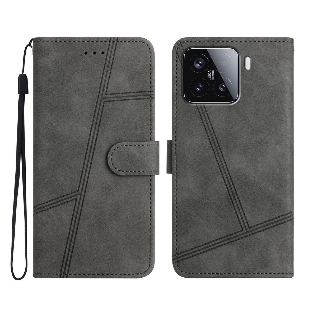 Xiaomi 15T-skal, linjer, präglat, fällbart läderfodral med retro-motiv och handledsrem
