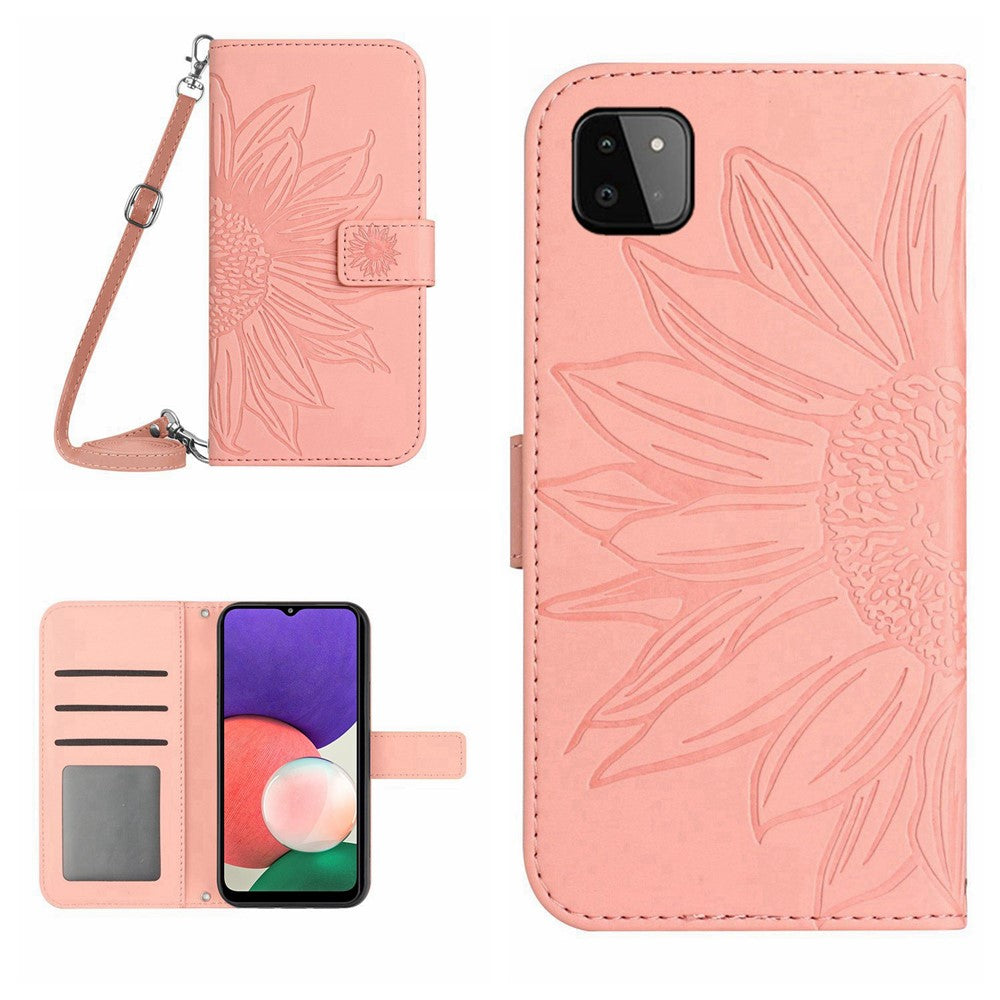 For Samsung Galaxy A22 5G (EU Version) HT04 Imprinted Sunflower PU Leather Smartphone Cover Stand Drop-proof Skin-touch Phone Wallet Case with Shoulder Strap