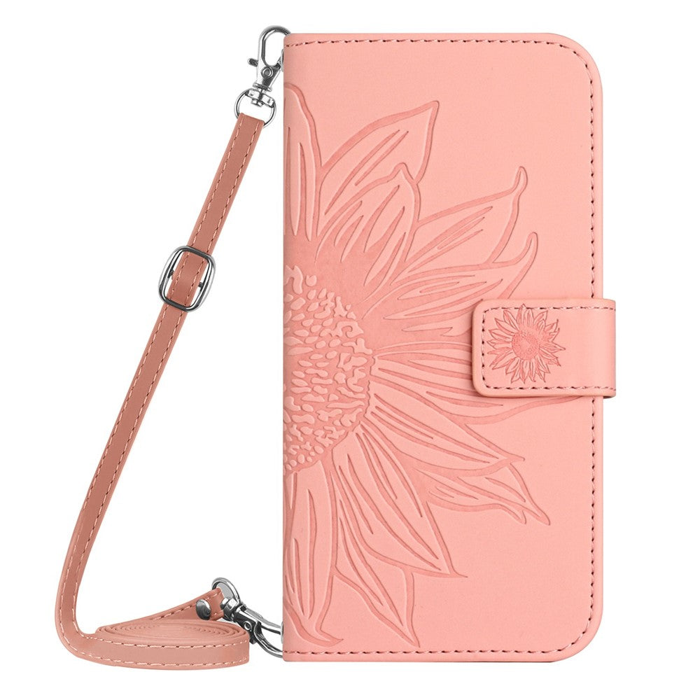 For Samsung Galaxy A22 5G (EU Version) HT04 Imprinted Sunflower PU Leather Smartphone Cover Stand Drop-proof Skin-touch Phone Wallet Case with Shoulder Strap