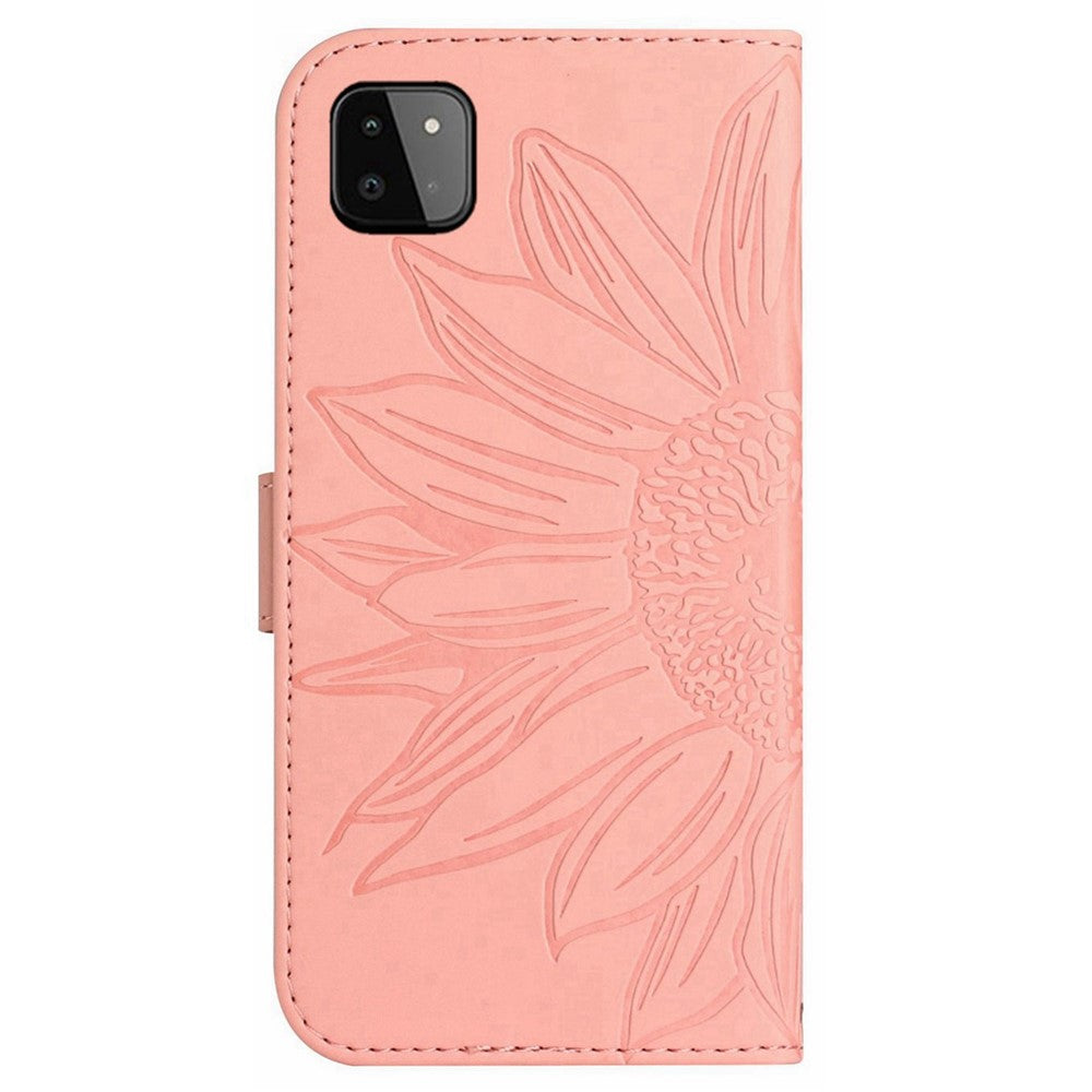 For Samsung Galaxy A22 5G (EU Version) HT04 Imprinted Sunflower PU Leather Smartphone Cover Stand Drop-proof Skin-touch Phone Wallet Case with Shoulder Strap