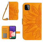 For Samsung Galaxy A22 5G (EU Version) HT04 Imprinted Sunflower PU Leather Smartphone Cover Stand Drop-proof Skin-touch Phone Wallet Case with Shoulder Strap