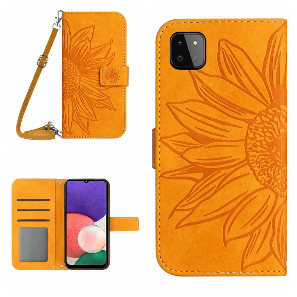 For Samsung Galaxy A22 5G (EU Version) HT04 Imprinted Sunflower PU Leather Smartphone Cover Stand Drop-proof Skin-touch Phone Wallet Case with Shoulder Strap