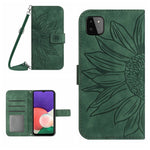 For Samsung Galaxy A22 5G (EU Version) HT04 Imprinted Sunflower PU Leather Smartphone Cover Stand Drop-proof Skin-touch Phone Wallet Case with Shoulder Strap