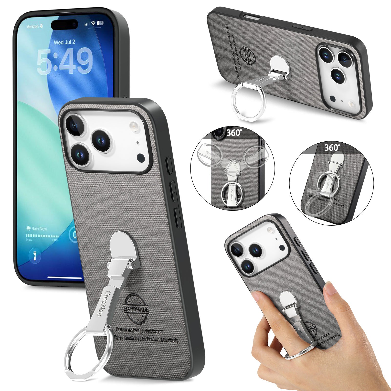 CASENEO Til iPhone 17 Pro cover med sammenfoldelig støttefod og twill-tekstur i læderbagside