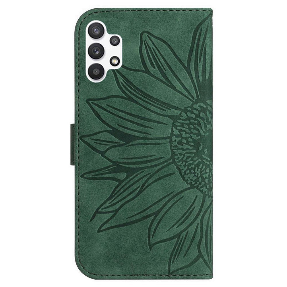 Beskyttende Flip Læder Telefoncover til Samsung Galaxy A13 4G, HT04 Skind-touch Præget Solsikke Telefoncover Stativpung med Skulderrem