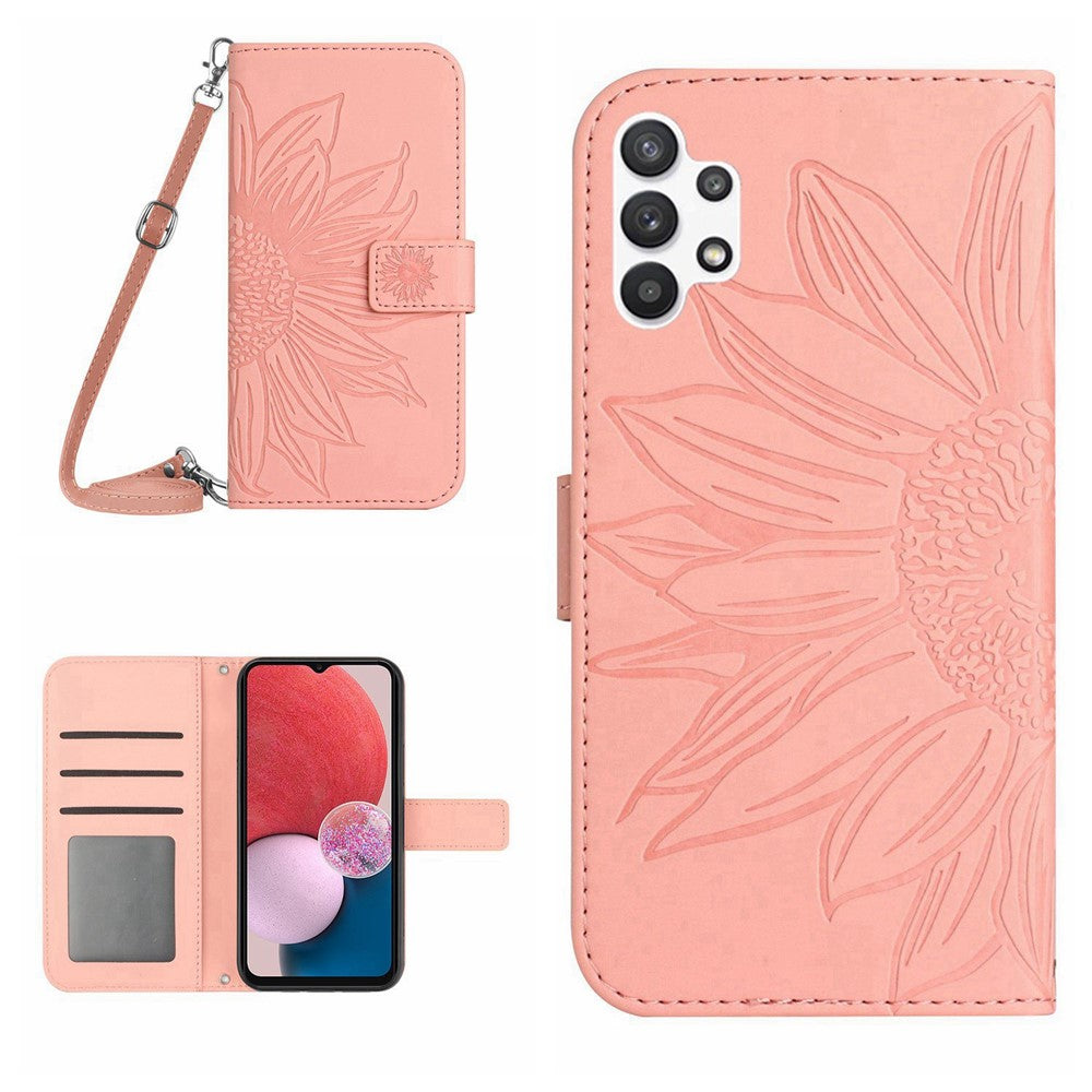 Beskyttende Flip Læder Telefoncover til Samsung Galaxy A13 4G, HT04 Skind-touch Præget Solsikke Telefoncover Stativpung med Skulderrem