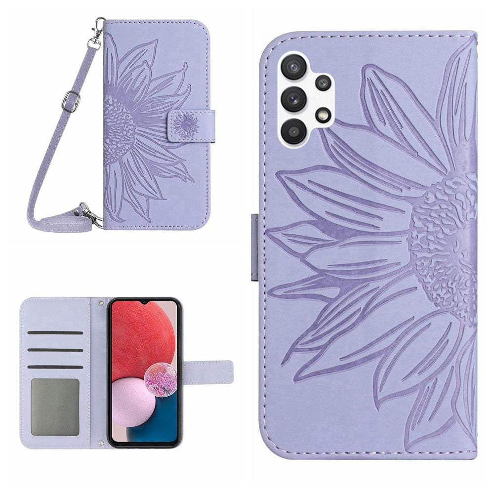 Beskyttende Flip Læder Telefoncover til Samsung Galaxy A13 4G, HT04 Skind-touch Præget Solsikke Telefoncover Stativpung med Skulderrem