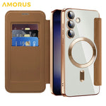AMORUS For Samsung Galaxy S24 Magnetic Case RFID Blocking Card Holder Leather Phone Cover