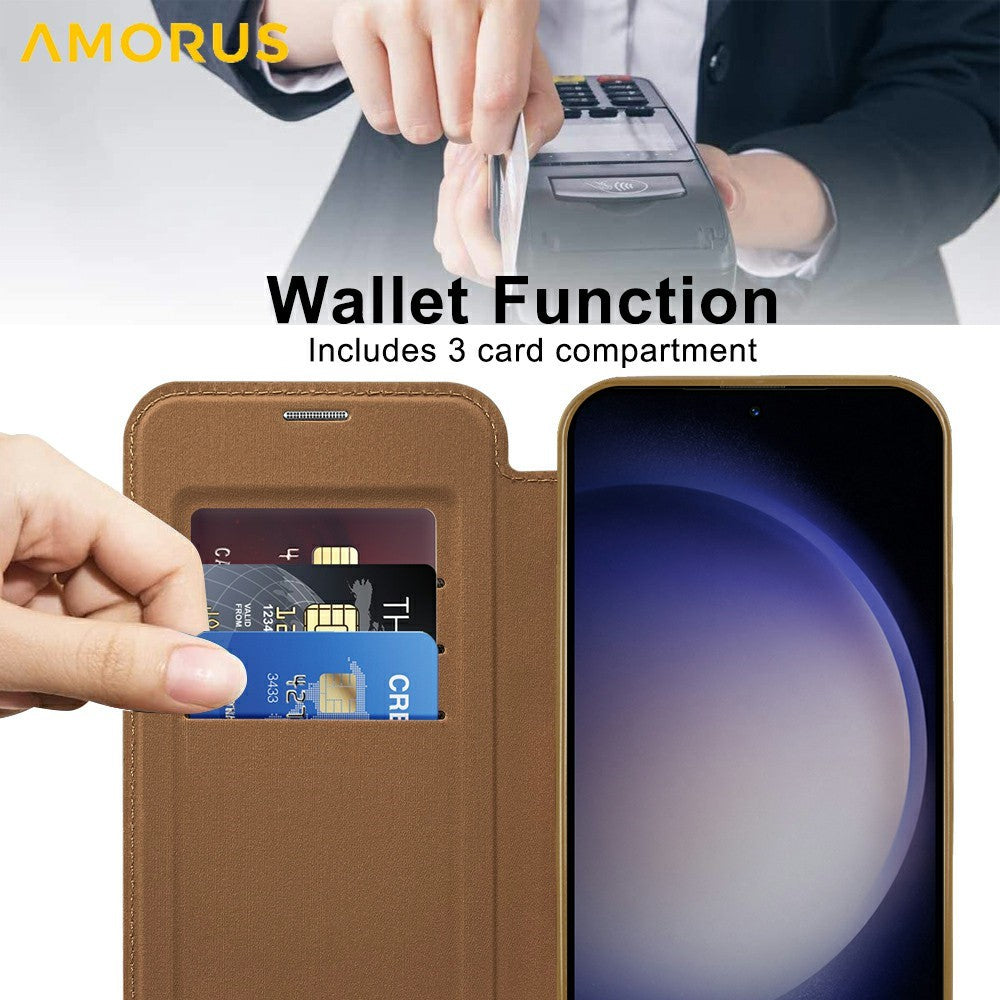 AMORUS For Samsung Galaxy S24 Magnetic Case RFID Blocking Card Holder Leather Phone Cover