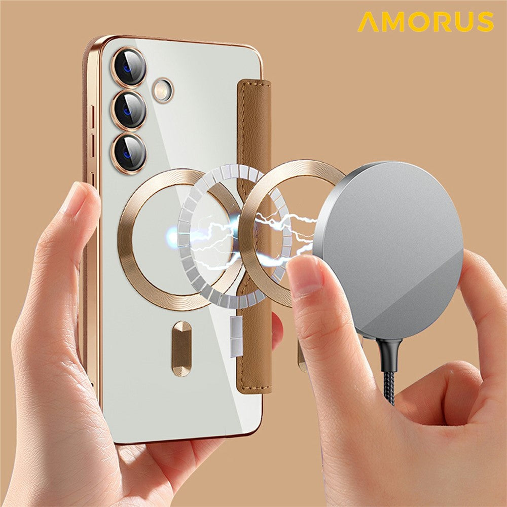 AMORUS For Samsung Galaxy S24 Magnetic Case RFID Blocking Card Holder Leather Phone Cover