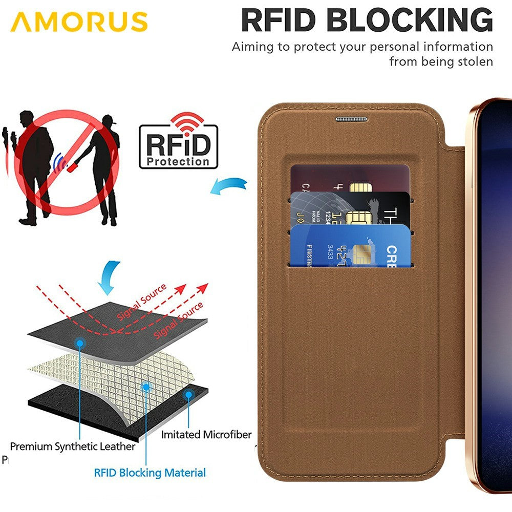 AMORUS For Samsung Galaxy S24 Magnetic Case RFID Blocking Card Holder Leather Phone Cover