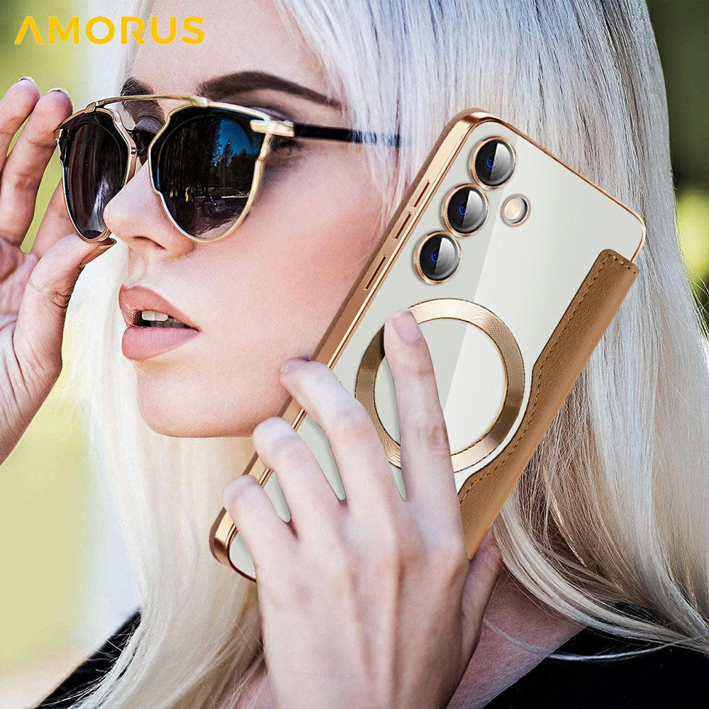 AMORUS For Samsung Galaxy S24 Magnetic Case RFID Blocking Card Holder Leather Phone Cover